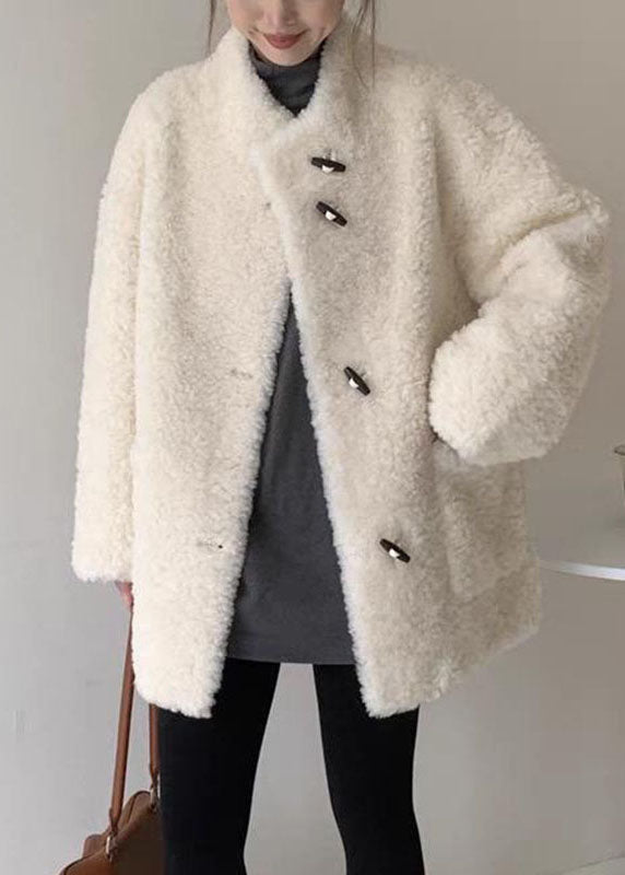 Simple Grey Stand Collar Pockets Faux Fur Coats Winter