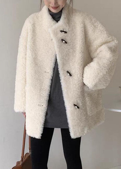 Simple Grey Stand Collar Pockets Faux Fur Coats Winter