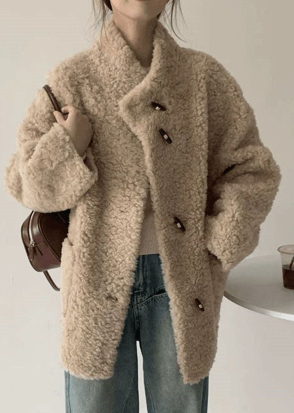 Simple Grey Stand Collar Pockets Faux Fur Coats Winter