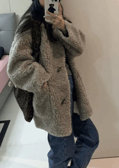 Simple Grey Stand Collar Pockets Faux Fur Coats Winter