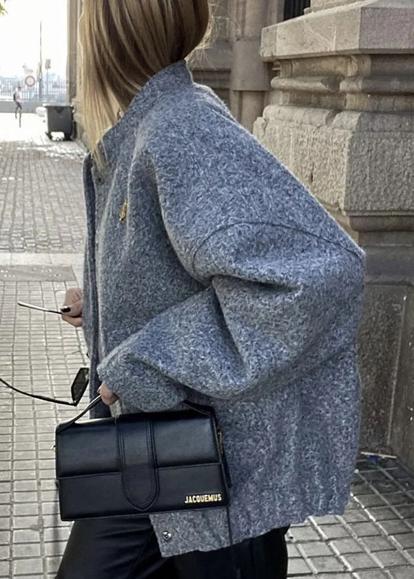 Simple Grey Stand Collar Pockets Woolen Jacket Fall