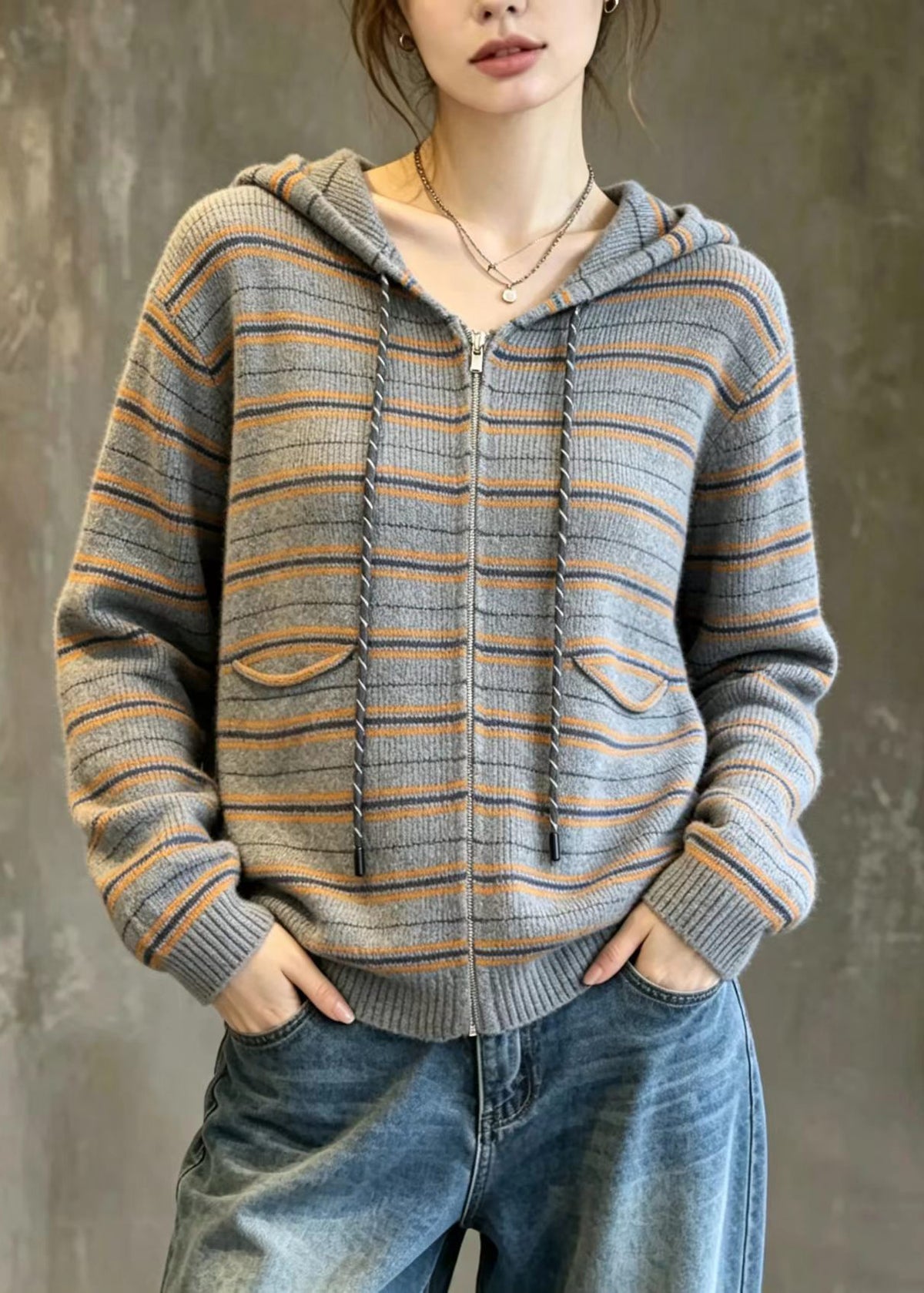 Simple Grey Striped Hooded Drawstring Zip Up Knit Cardigans Fall