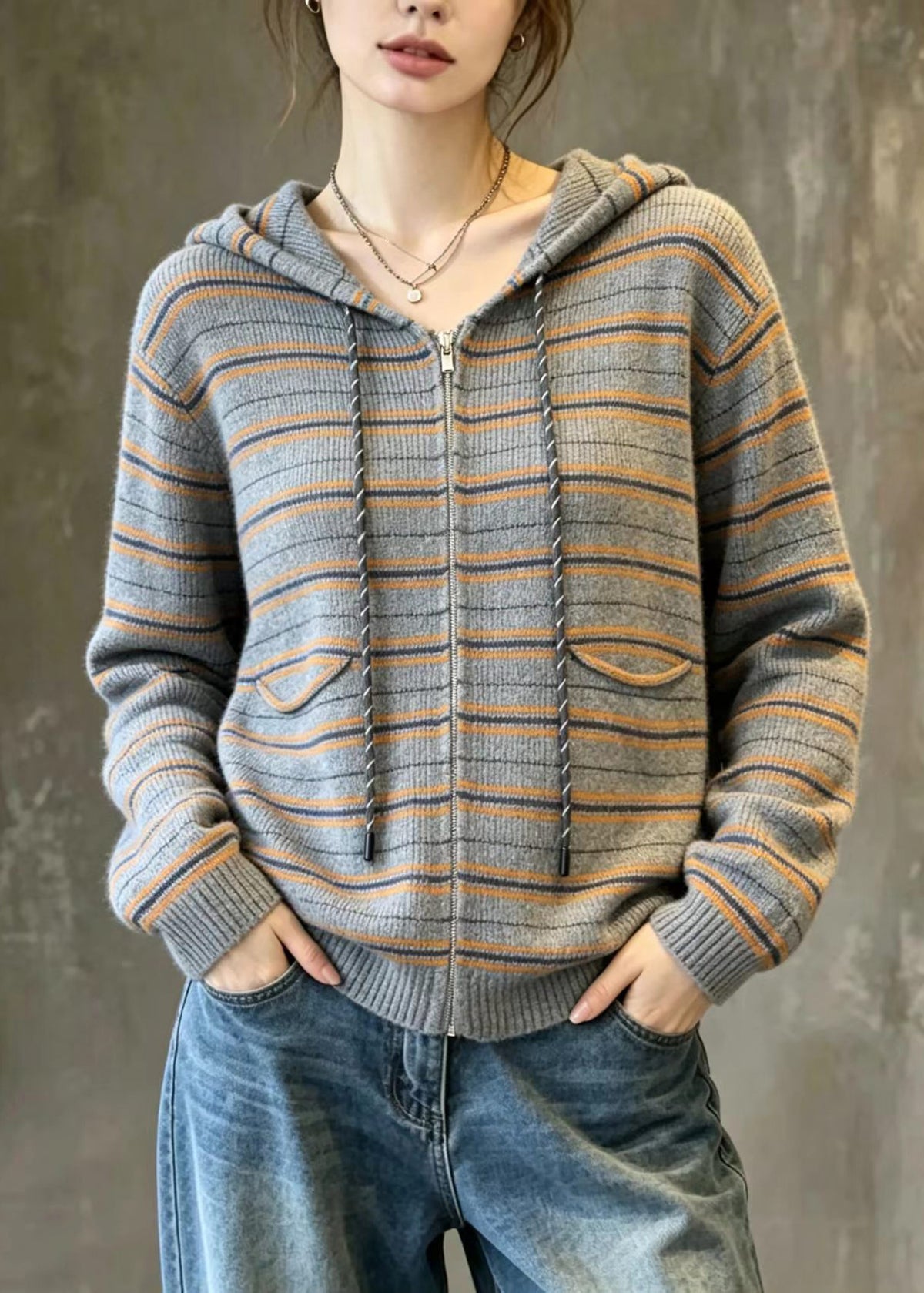 Simple Grey Striped Hooded Drawstring Zip Up Knit Cardigans Fall
