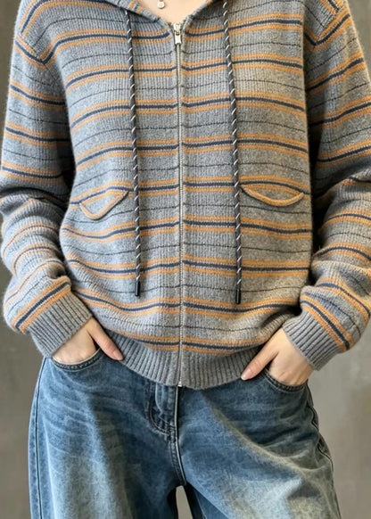 Simple Grey Striped Hooded Drawstring Zip Up Knit Cardigans Fall