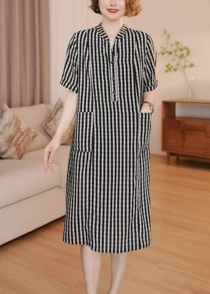 Simple Grey Striped Pockets Cotton Tea Dress Summer