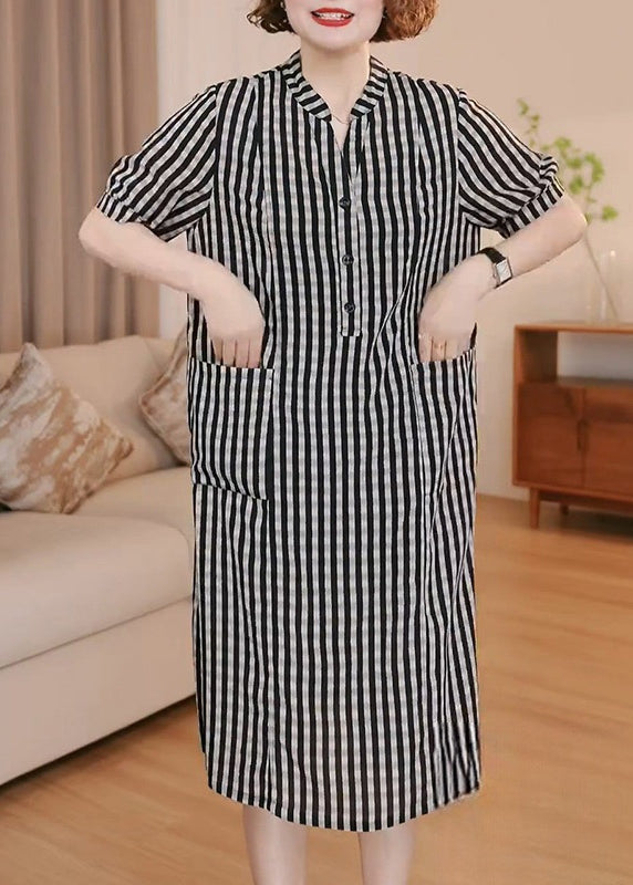 Simple Grey Striped Pockets Cotton Tea Dress Summer