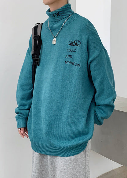 Simple Grey Turtleneck Letter Solid Knit Mens Sweaters Winter