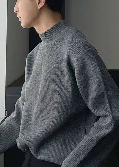 Simple Grey Turtleneck Solid Knit Men Sweater Fall
