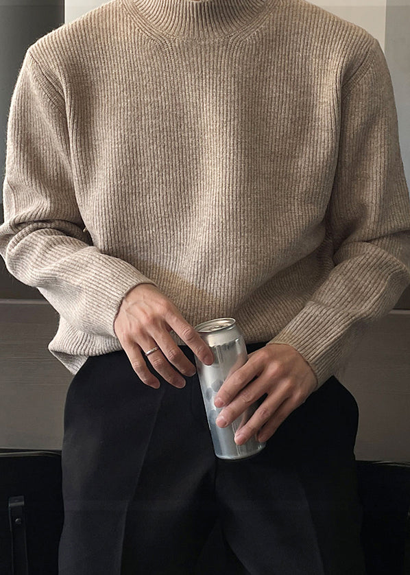 Simple Grey Turtleneck Solid Knit Men Sweater Fall