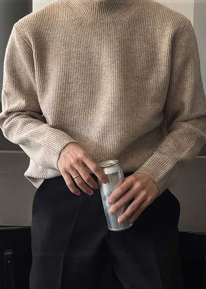 Simple Grey Turtleneck Solid Knit Men Sweater Fall