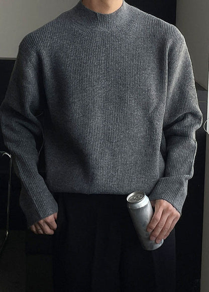 Simple Grey Turtleneck Solid Knit Men Sweater Fall