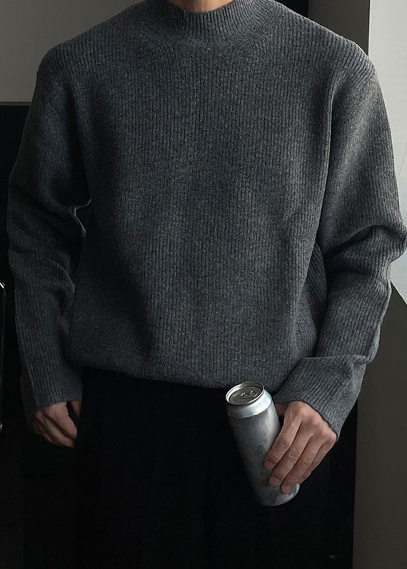 Simple Grey Turtleneck Solid Knit Men Sweater Fall