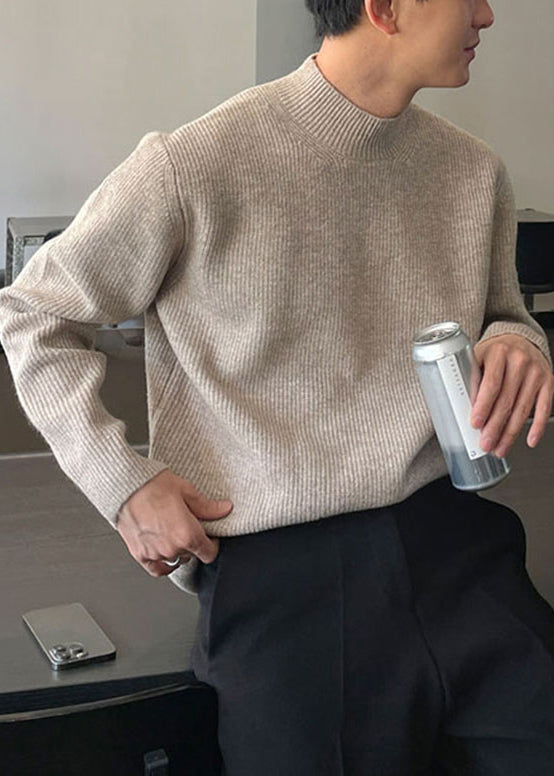 Simple Grey Turtleneck Solid Knit Men Sweater Fall