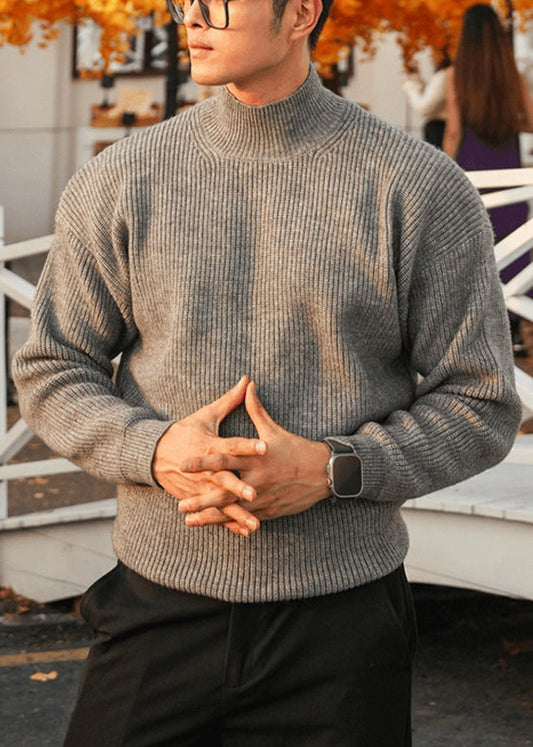 Simple Grey Turtleneck Solid Knit Men Sweater Tops Fall