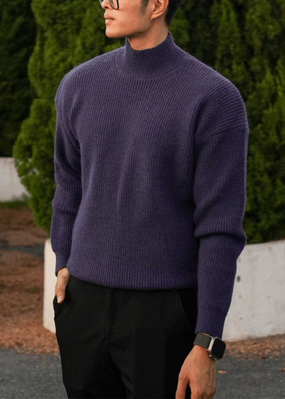 Simple Grey Turtleneck Solid Knit Men Sweater Tops Fall