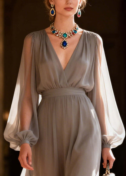 Simple Grey V Neck Draping Chiffon Long Dress Summer