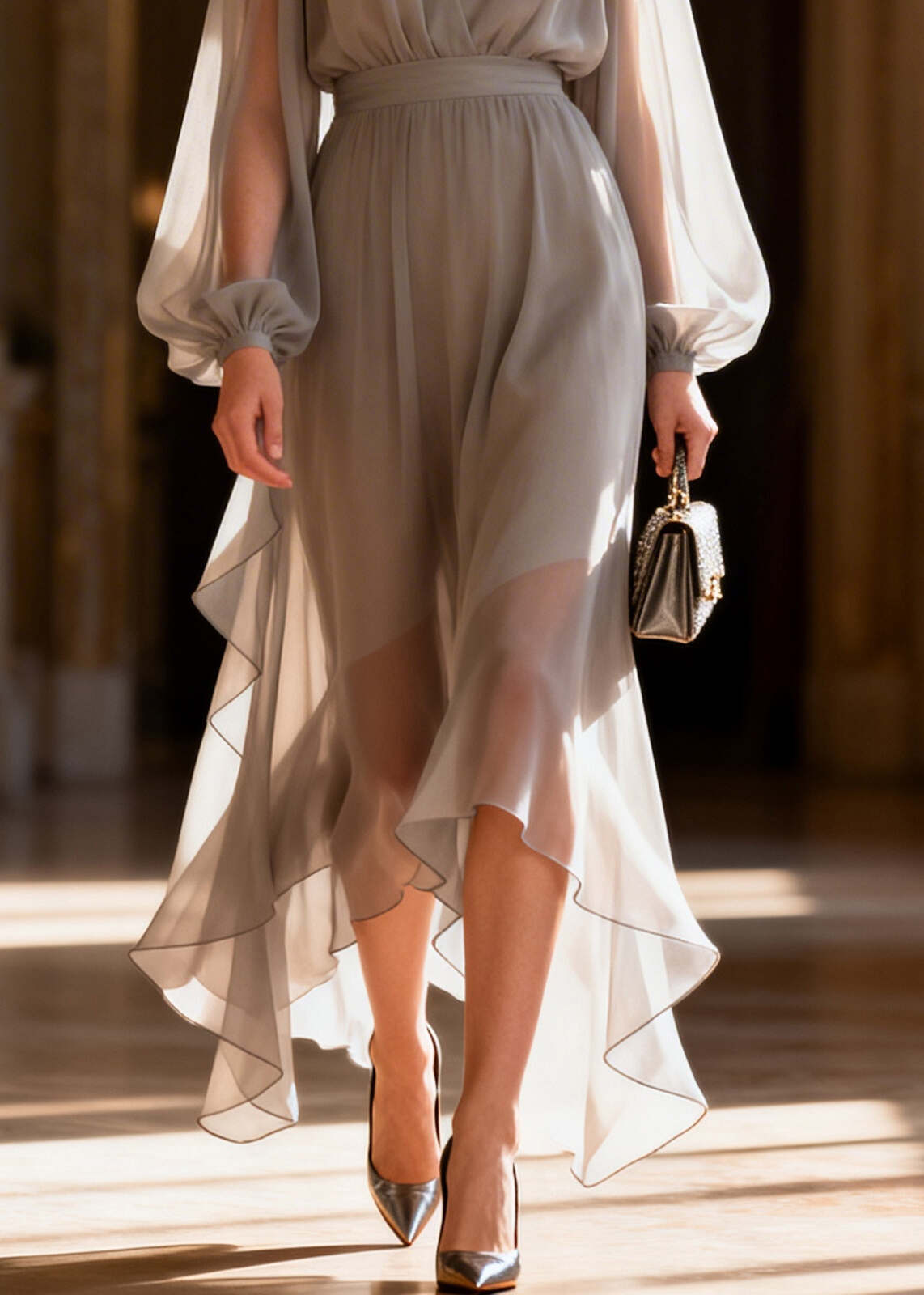 Simple Grey V Neck Draping Chiffon Long Dress Summer