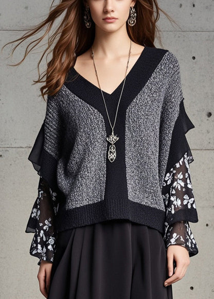 Simple Grey V Neck Patchwork Ruffles Knit Sweater Tops Fall