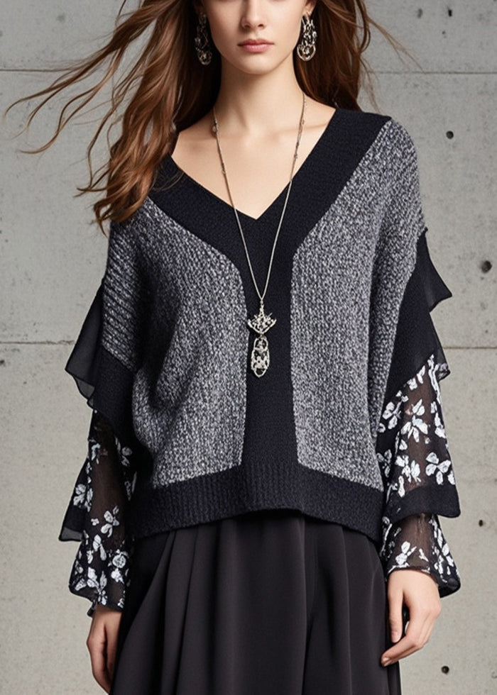 Simple Grey V Neck Patchwork Ruffles Knit Sweater Tops Fall