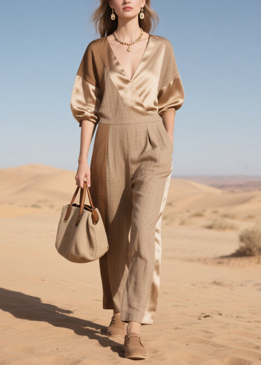 Simple Khaki Asymmetrical Patchwork Linen Silk Jumpsuit Summer