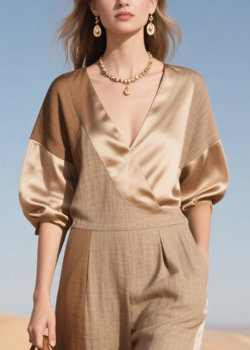 Simple Khaki Asymmetrical Patchwork Linen Silk Jumpsuit Summer