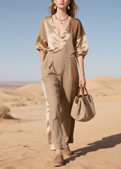 Simple Khaki Asymmetrical Patchwork Linen Silk Jumpsuit Summer