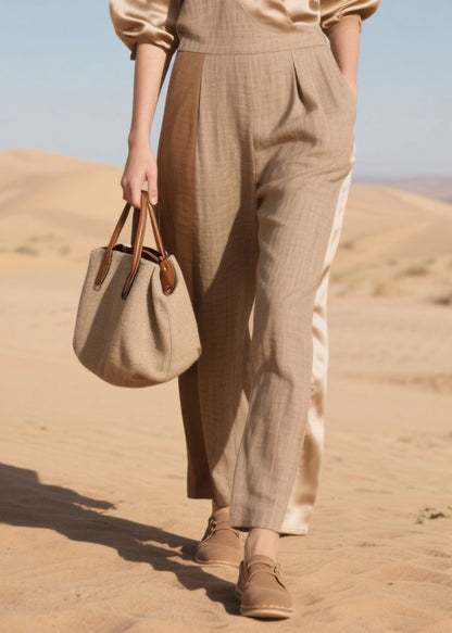 Simple Khaki Asymmetrical Patchwork Linen Silk Jumpsuit Summer