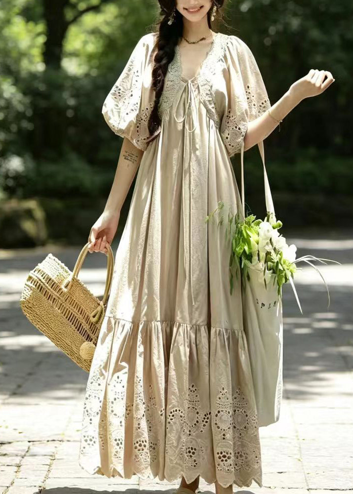 Simple Khaki Lace Up Embroidered Cotton Ankle Dress Puff Sleeve