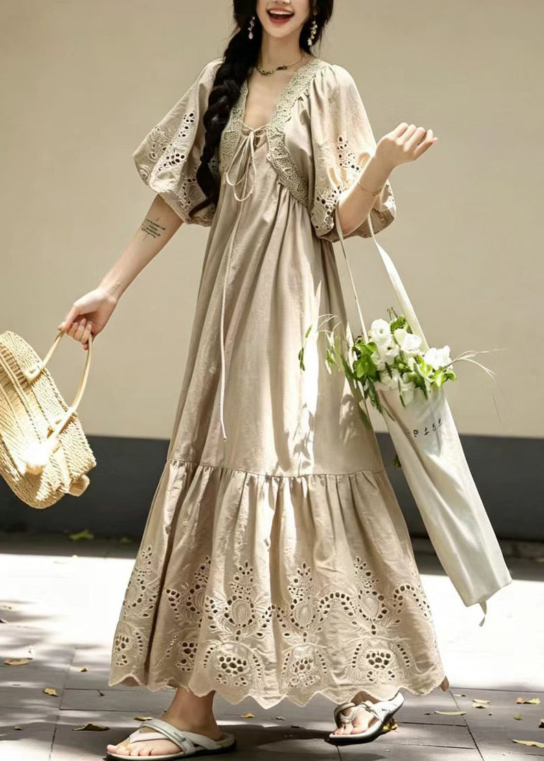 Simple Khaki Lace Up Embroidered Cotton Ankle Dress Puff Sleeve