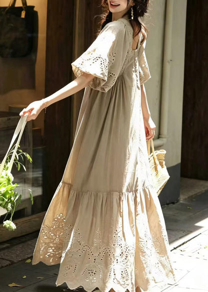 Simple Khaki Lace Up Embroidered Cotton Ankle Dress Puff Sleeve