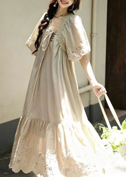 Simple Khaki Lace Up Embroidered Cotton Ankle Dress Puff Sleeve