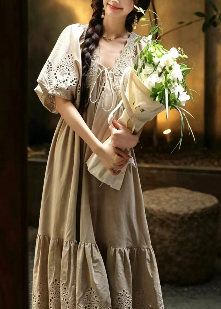 Simple Khaki Lace Up Embroidered Cotton Ankle Dress Puff Sleeve