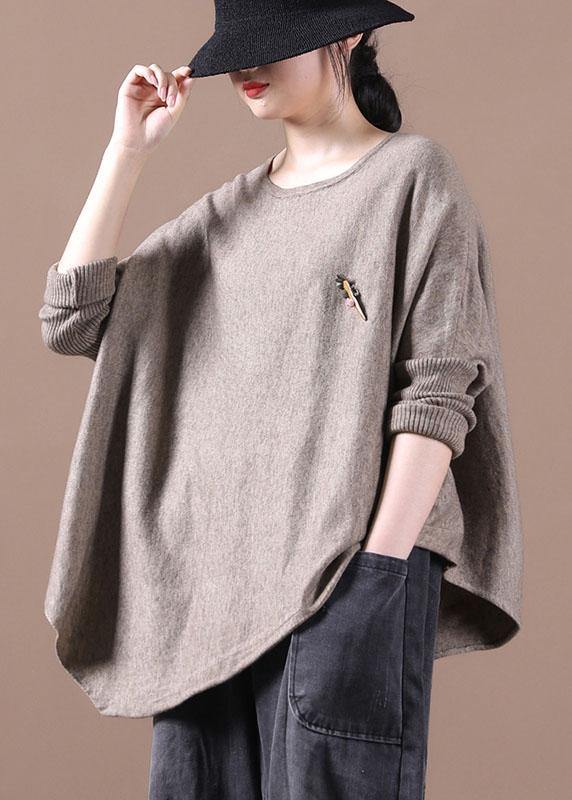 Simple Khaki O-Neck Asymmetrical Design Fall Knitted Top - SooLinen