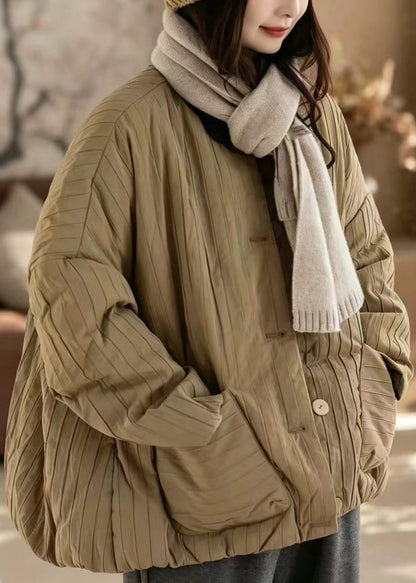 Simple Khaki O-Neck Oversized Pockets Cotton Filled Puffer Jacket Winter