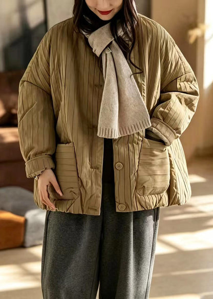 Simple Khaki O-Neck Oversized Pockets Cotton Filled Puffer Jacket Winter