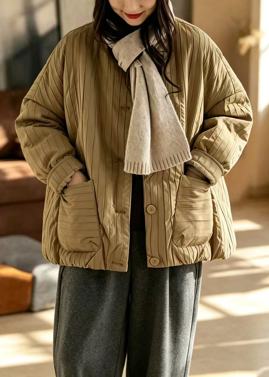 Simple Khaki O-Neck Oversized Pockets Cotton Filled Puffer Jacket Winter