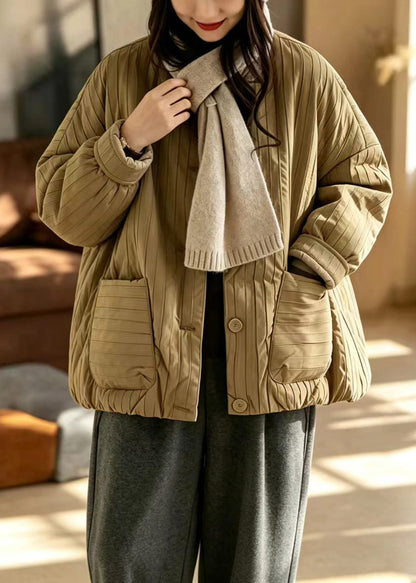 Simple Khaki O-Neck Oversized Pockets Cotton Filled Puffer Jacket Winter