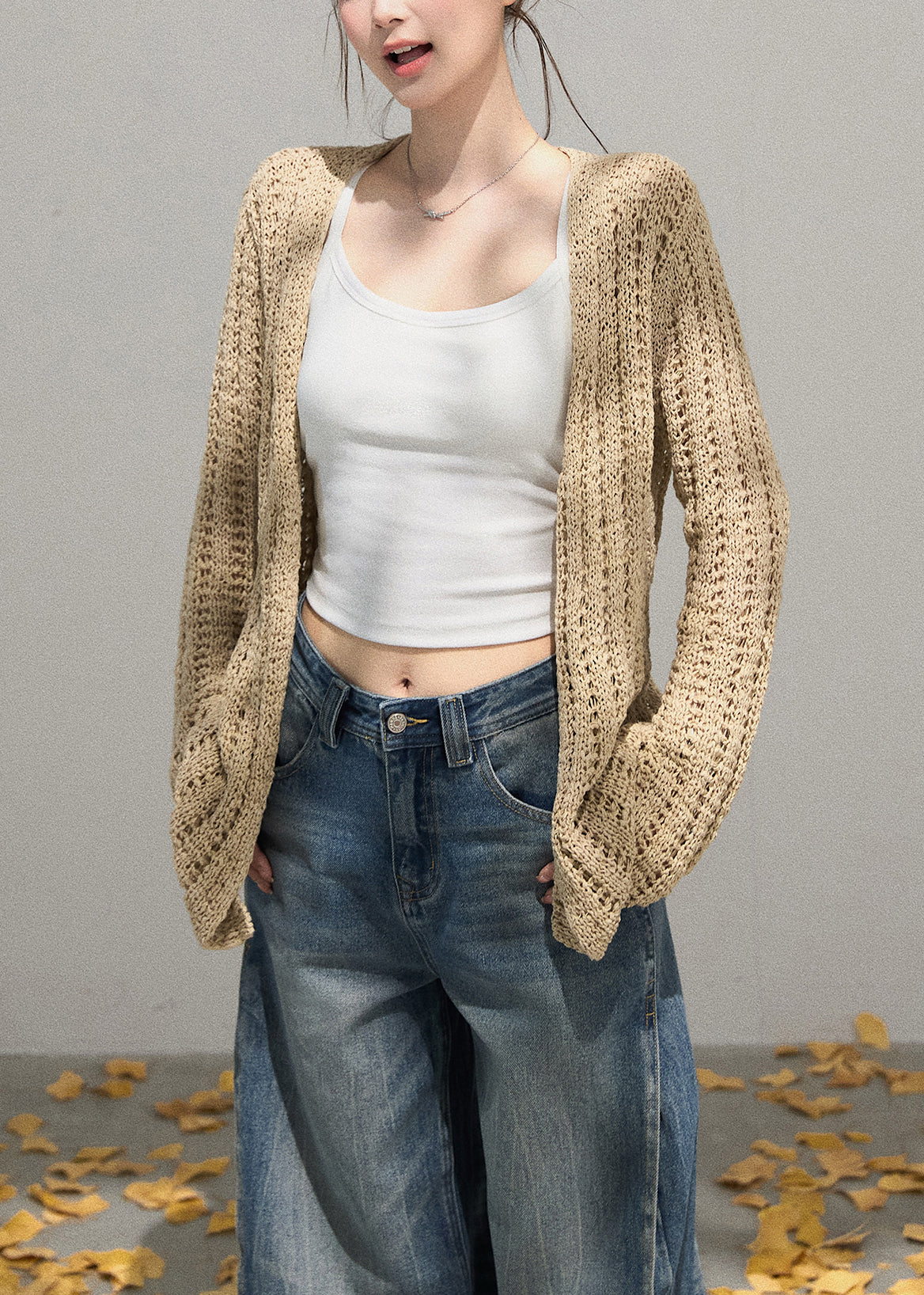 Simple Khaki Oversized Hollow Out Knit Cardigans Fall