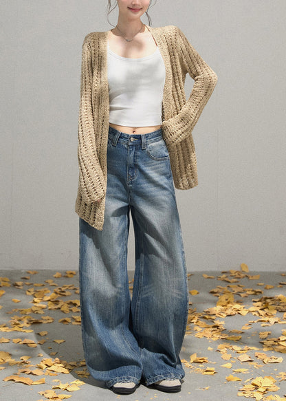 Simple Khaki Oversized Hollow Out Knit Cardigans Fall