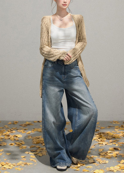 Simple Khaki Oversized Hollow Out Knit Cardigans Fall