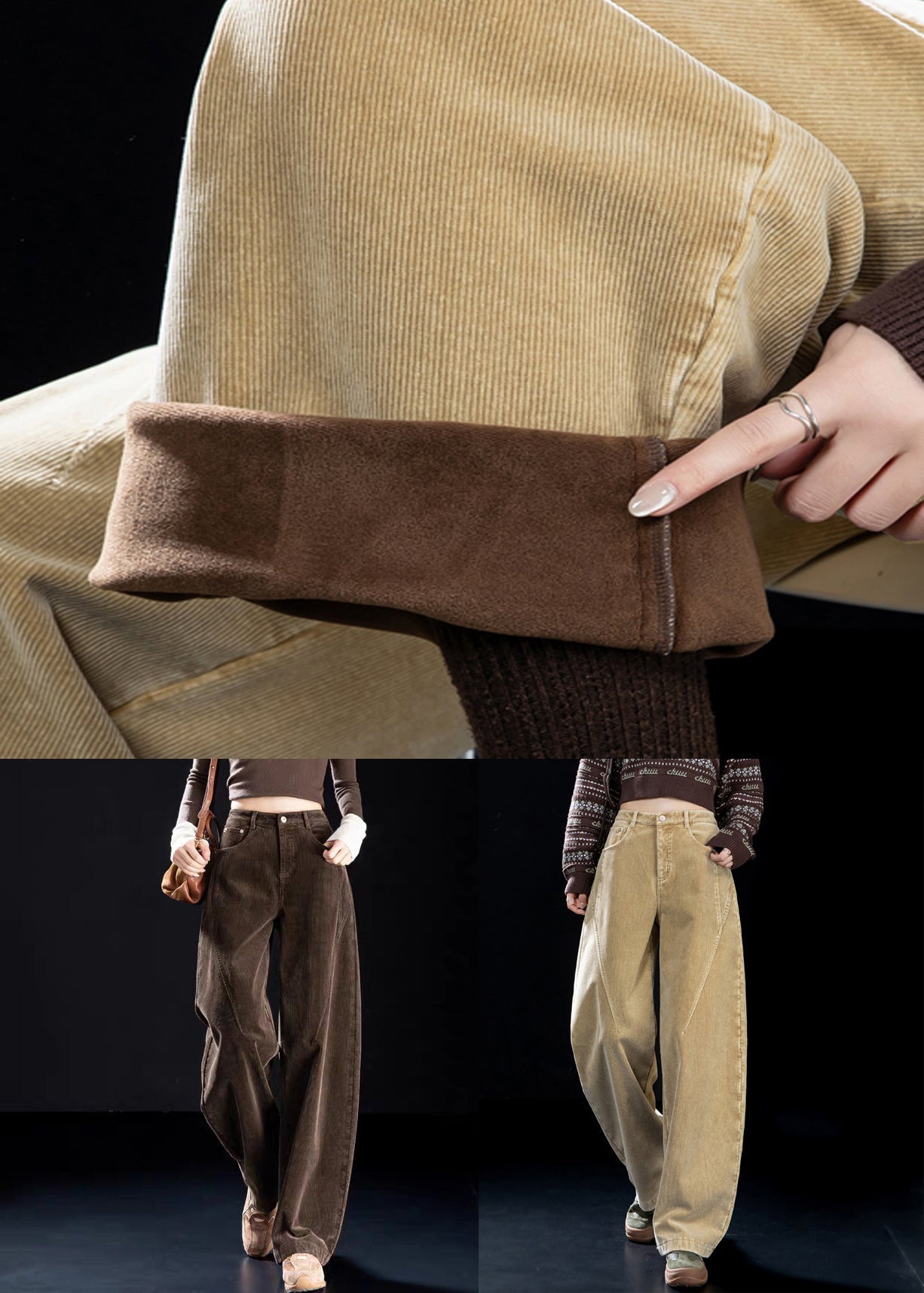 Simple Khaki Pockets High Waist Warm Fleece Corduroy Pants Winter