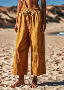 Simple Khaki Pockets Patchwork Tie Waist Solid Wide Leg Pants