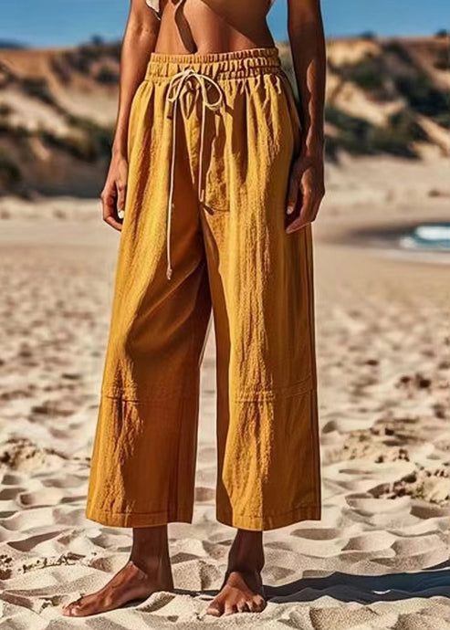 Simple Khaki Pockets Patchwork Tie Waist Solid Wide Leg Pants