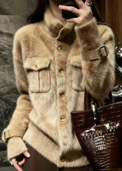 Simple Khaki Stand Collar Button Mink Hair Knitted Sweater Coat Winter