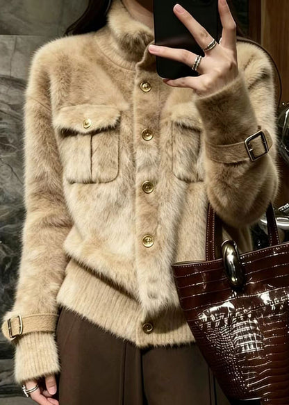Simple Khaki Stand Collar Button Mink Hair Knitted Sweater Coat Winter
