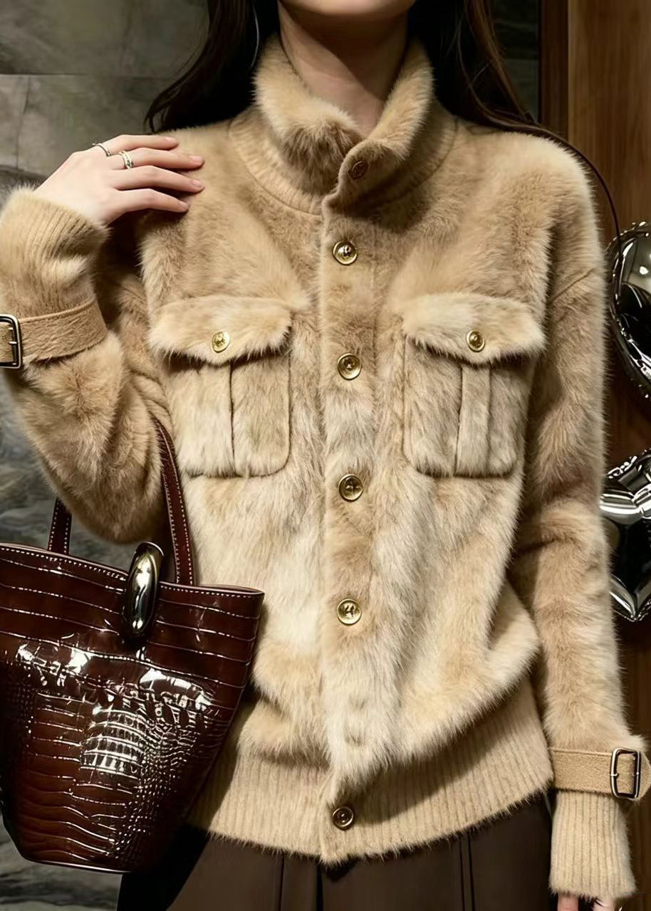 Simple Khaki Stand Collar Button Mink Hair Knitted Sweater Coat Winter