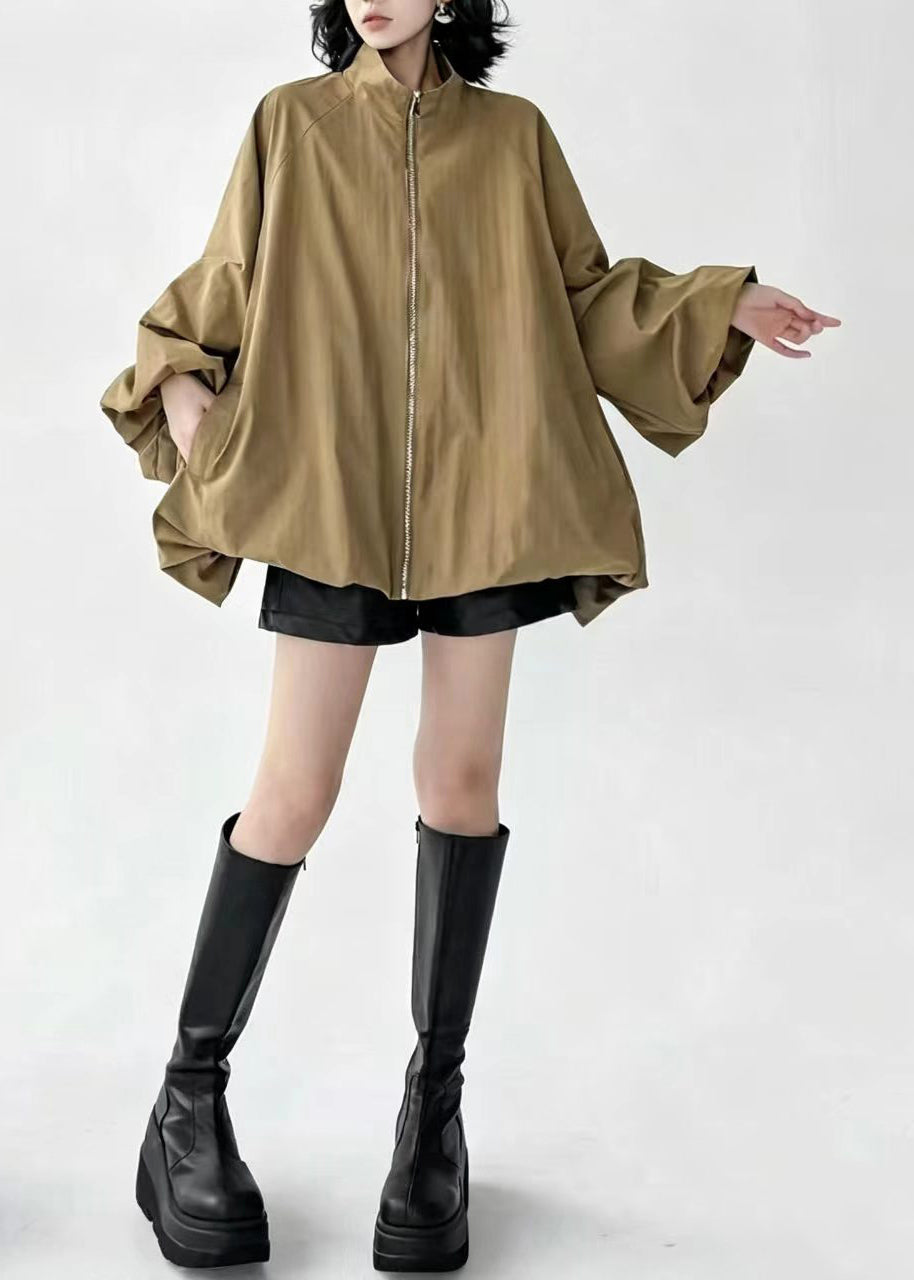 Simple Khaki Stand Collar Zip Up Pockets Jacket Fall