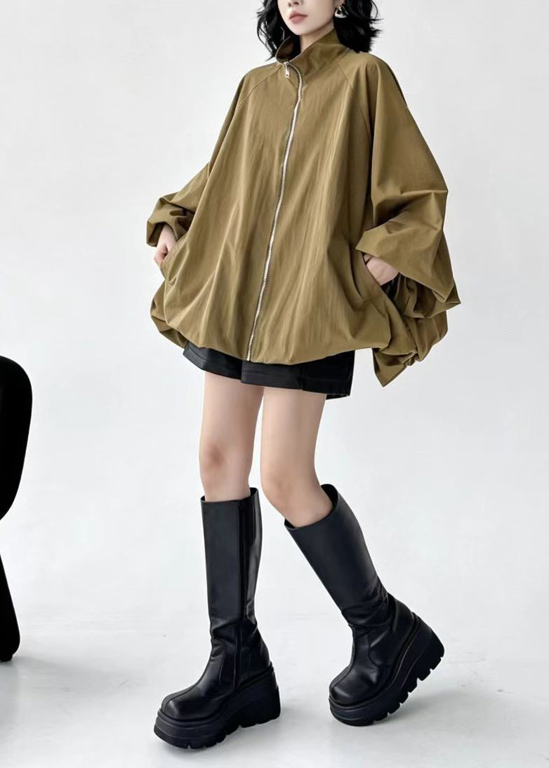 Simple Khaki Stand Collar Zip Up Pockets Jacket Fall