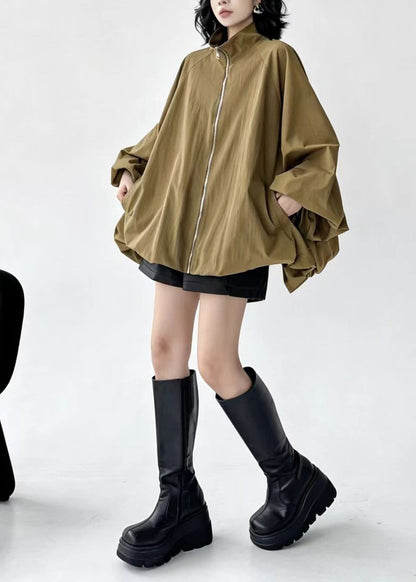 Simple Khaki Stand Collar Zip Up Pockets Jacket Fall