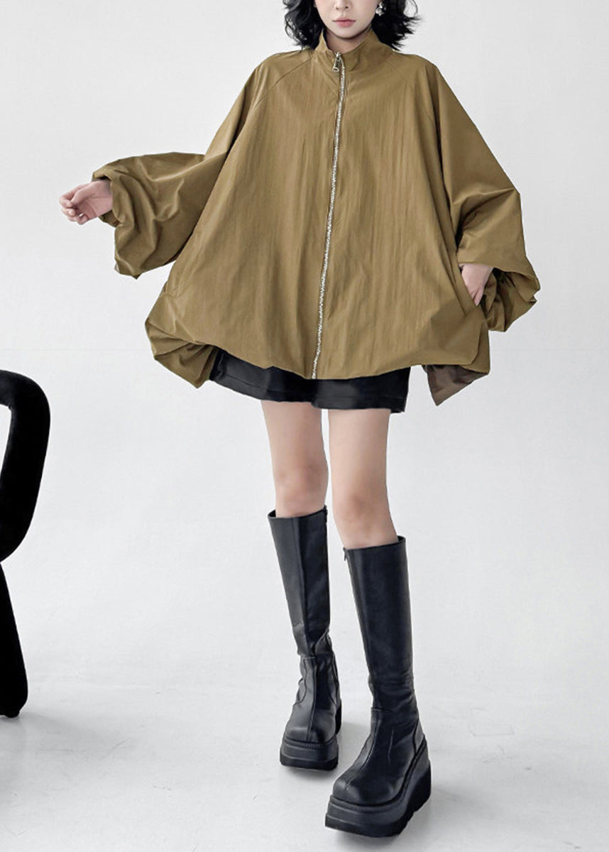 Simple Khaki Stand Collar Zip Up Pockets Jacket Fall